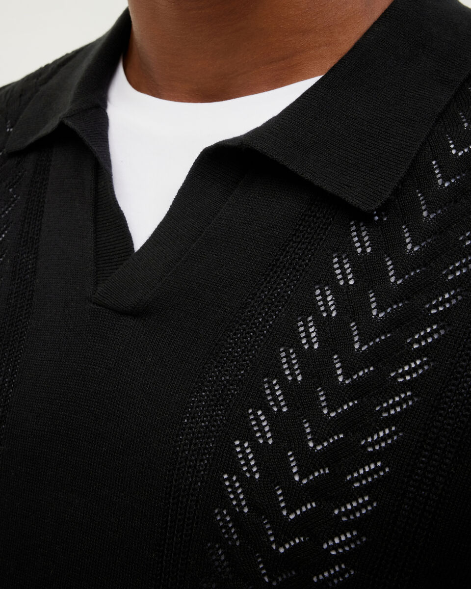 Pointelle Panelled Trophy Neck Knit, Black, hi-res